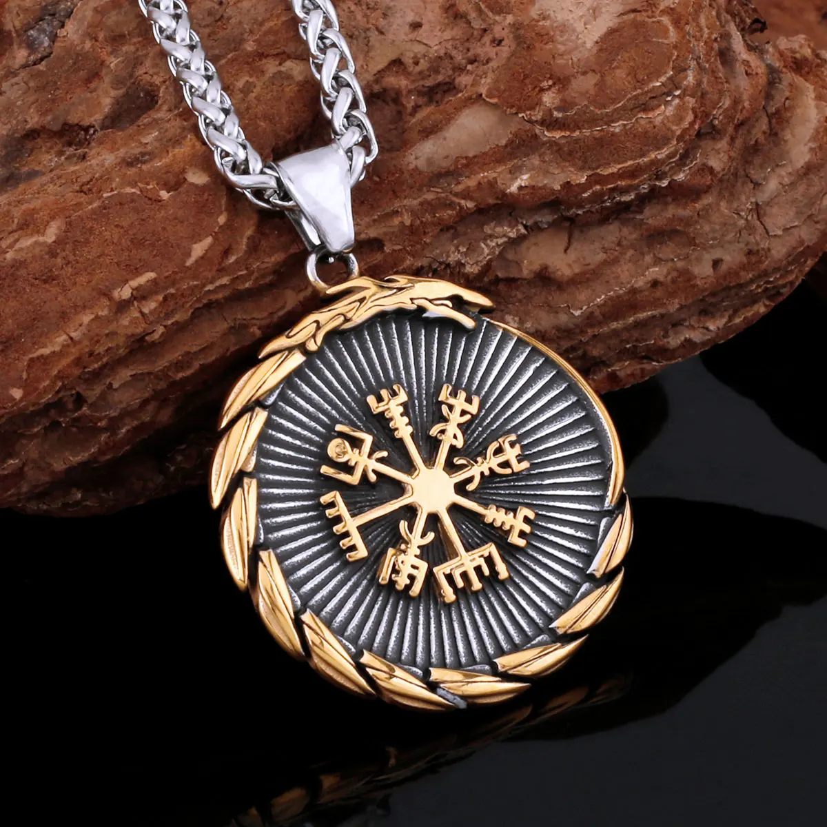 Vikings Stainless Steel Dragon Ouroboros Necklace Men Valknut Compass Slavic Rune Amulet Jewelry Gift for Boyfriend Pendant view 5
