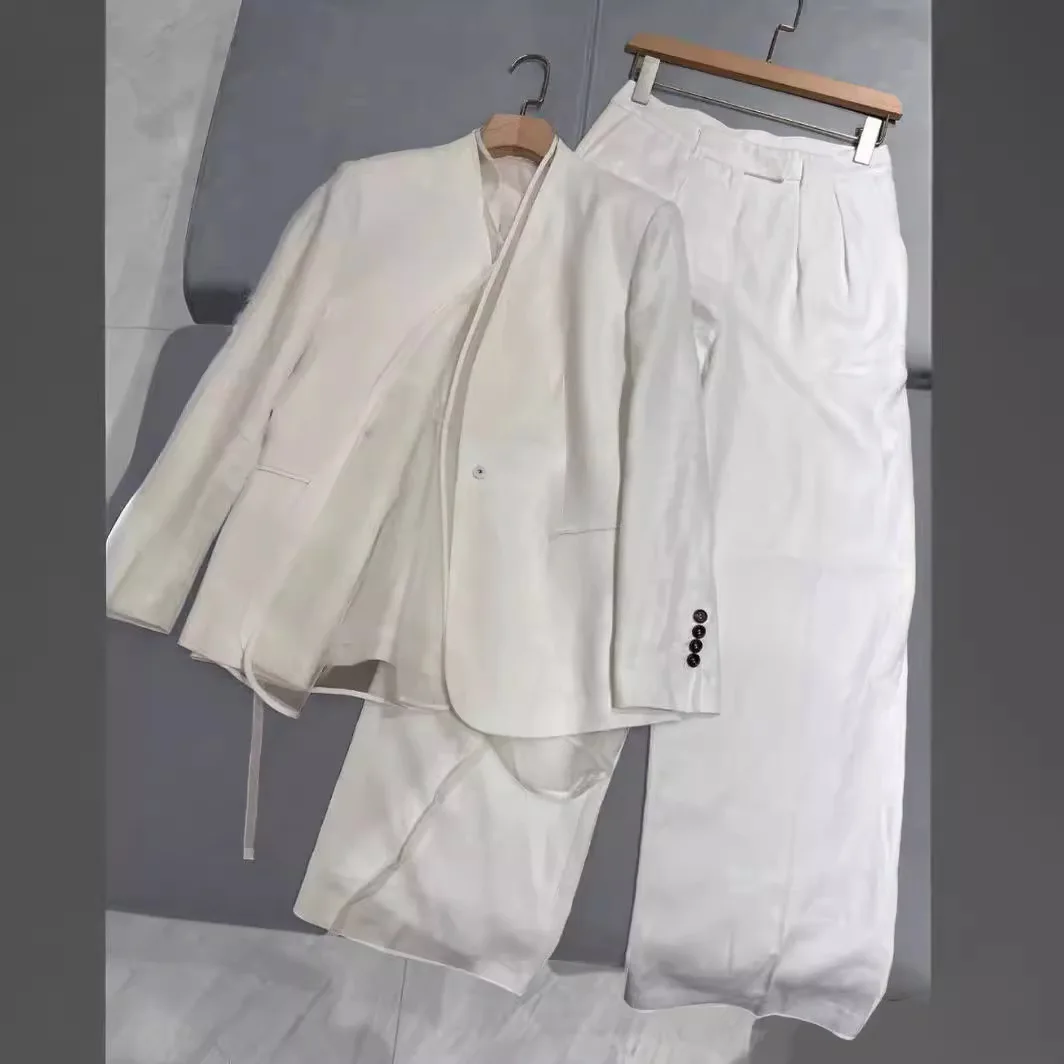 

White Linen Two-piece Suit Solid Color Suit Wide-leg Pants Suit