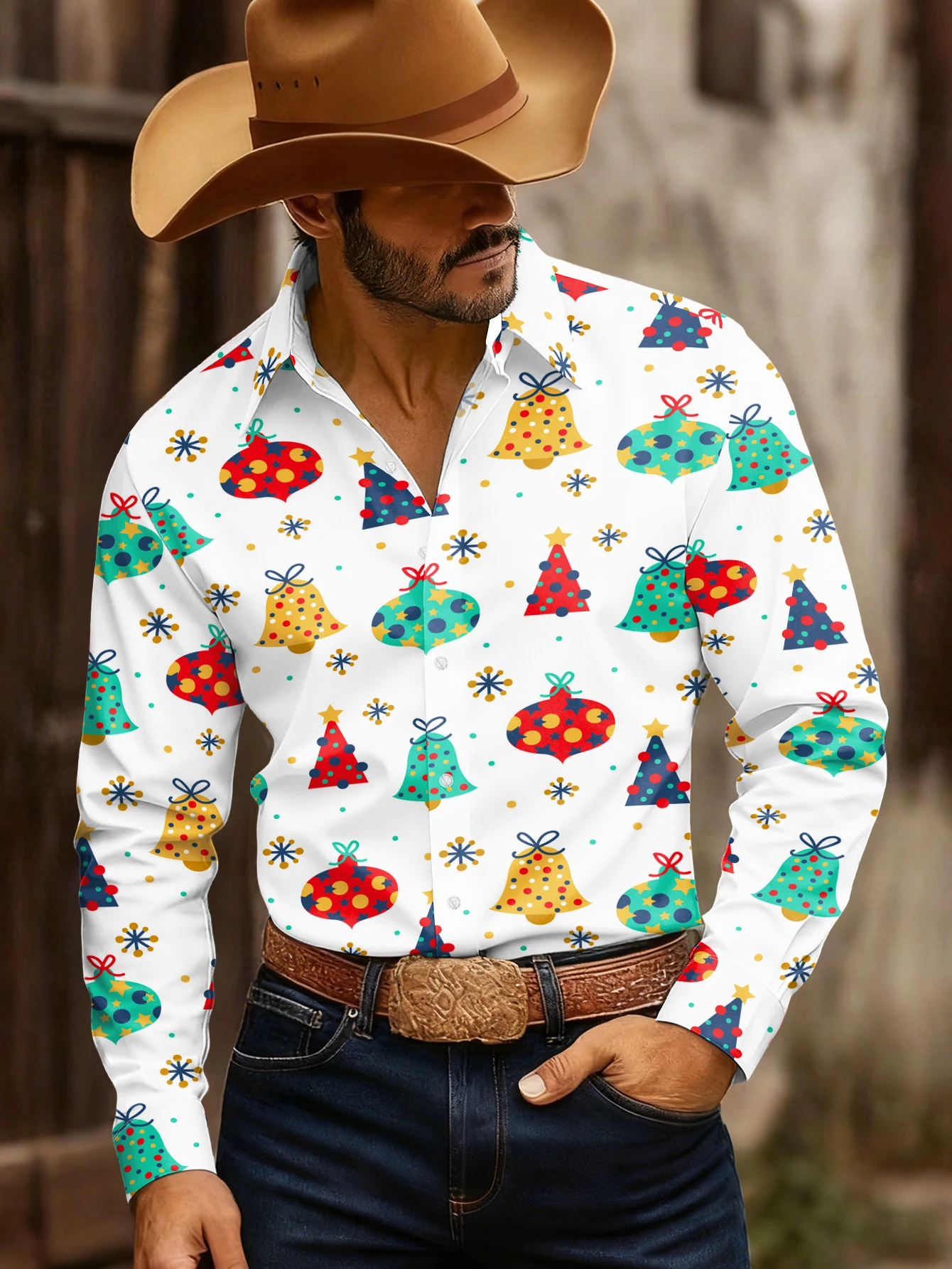 Men Long Sleeve Button Down Shirt White Christmas Bell Tree Ornament Print Polyester Lapel Collar Holiday