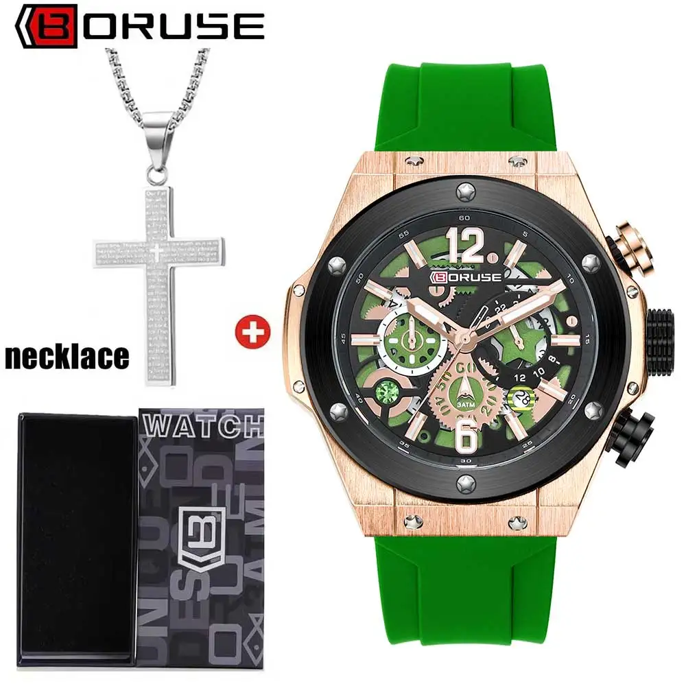 BORUSE 2 قطعة/مجموعة ساعة عصرية للرجال ساعة تاريخ تناظرية وقلادة حزام سيليكون أخضر قرص دائري للرجال أفضل خيار