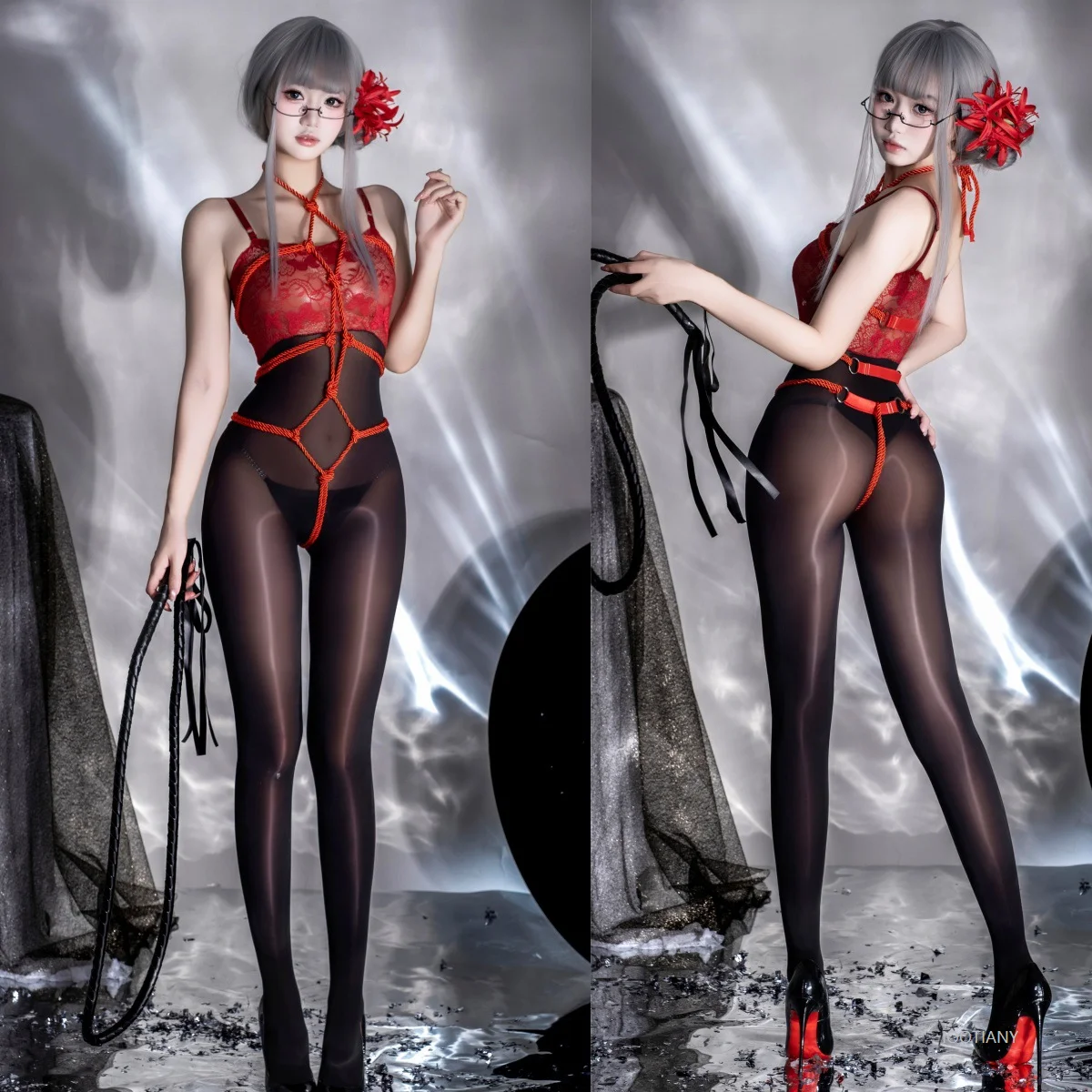 

Sexy Women's Lace Suspenders Oily One-piece Stockings Cosplay Temptation Underwear Women's Shiny Tights Red Rope Pajamas Set