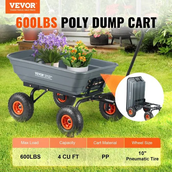VEVOR Dump Cart, Poly Garden Dump Cart with Easy to Assemble Steel Frame, Dump Wagon with 2-in-1 Convertible Handle, Utility Whe