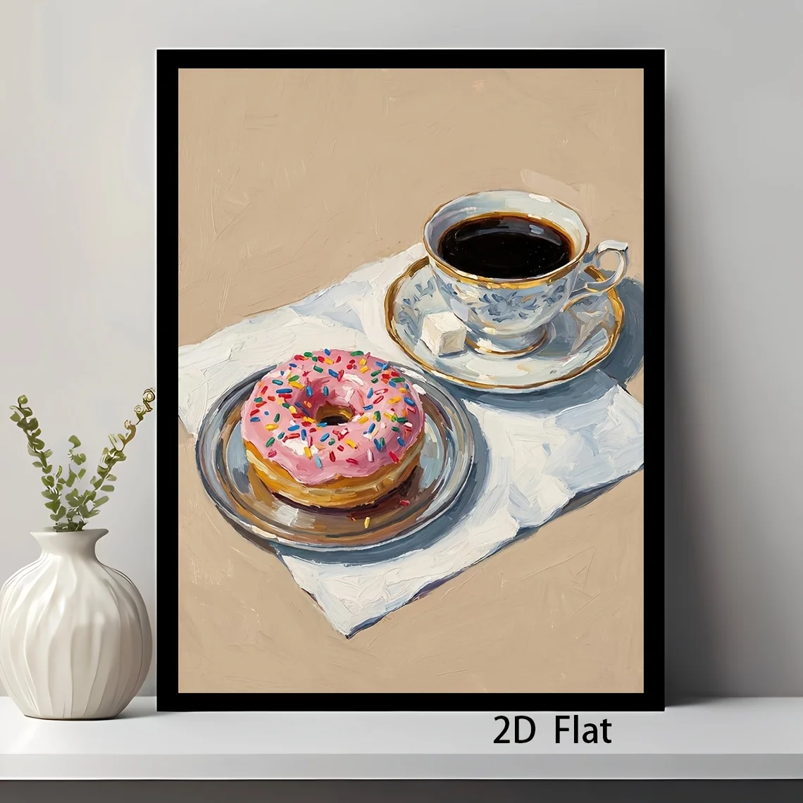2D Flat, 1pc Vertical Pink Donut Coffee Art Poster - Thick Textured Impasto Suitable for Home, Cafe, Office Decor | Frameless