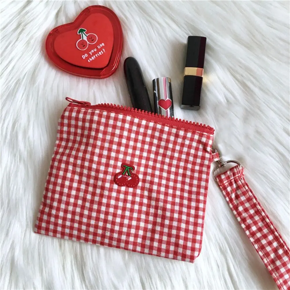 Embroidered Cherry Girl Cosmetic Bag Canvas Large Capacity Women Makeup Bag Storage Pouch Zipper Travel Toiletry Handbag