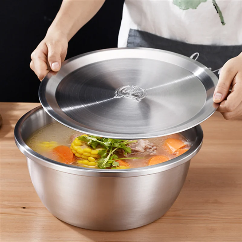 Stainless Steel Salad Bowls with Lid Fruit Vegetables Soup Bowl Tableware Cream Container Kitchen Cooking Tools Egg Mixer Food