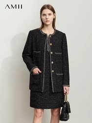 AMII Minimalist Women's Elegant Tweed Woolen Coat Shoulder Pad Medium Long Female Webbing Wrapped Edge Loose Overcoat 12443074