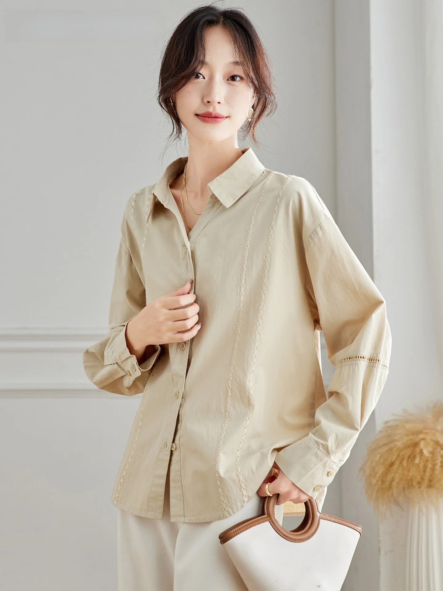 

La Chapelle Women's Long Sve Hollow out Collar irt Autumn New Sweet Design Sense Splice Button up Cotton Workwear