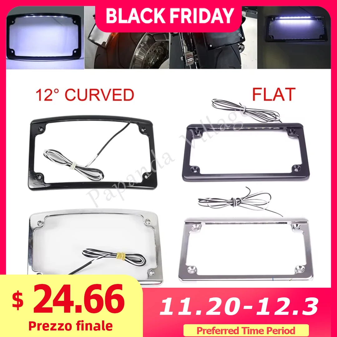 

12° Curved / Flat 7-3/16" x 4-1/4" License Plate Frame LED Light Registration Frame for Harley Touring Road King Cafe Racer