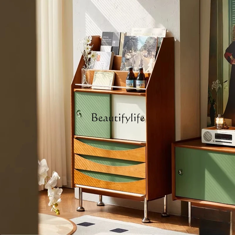 

Multifunctional magazine cabinet retro solid wood locker living room display small apartment storage