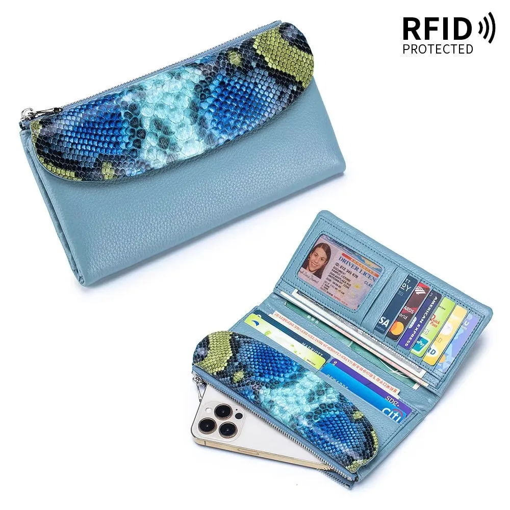 Fashion Woman Long Purse RFID Texture Snake Pattern Wallet Female Card Holder Lady Purse Genuine Leather Wallet For Women