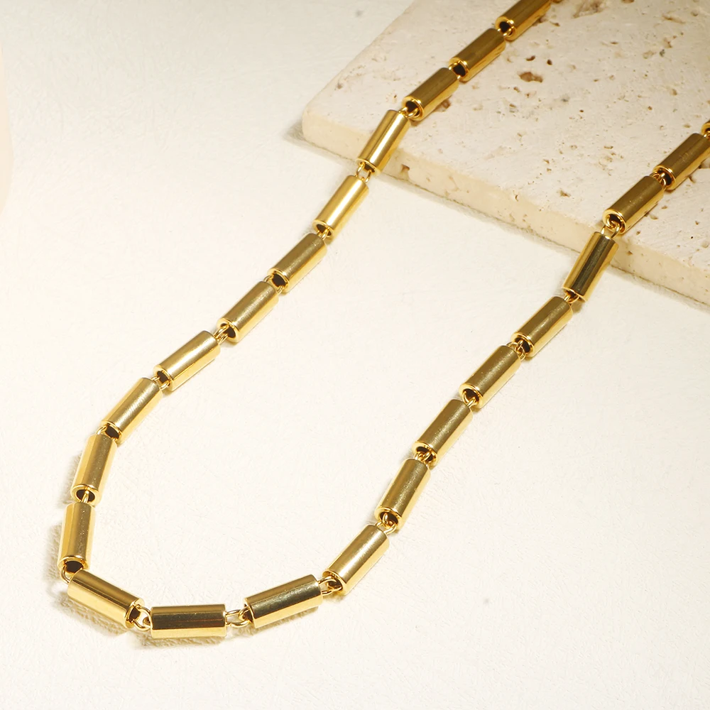 Punk Round Pipe Metal Necklace For Men Women High Polished Gold Color Plated Stainless Steel Jewelry Sets Couple Bracelet Gift