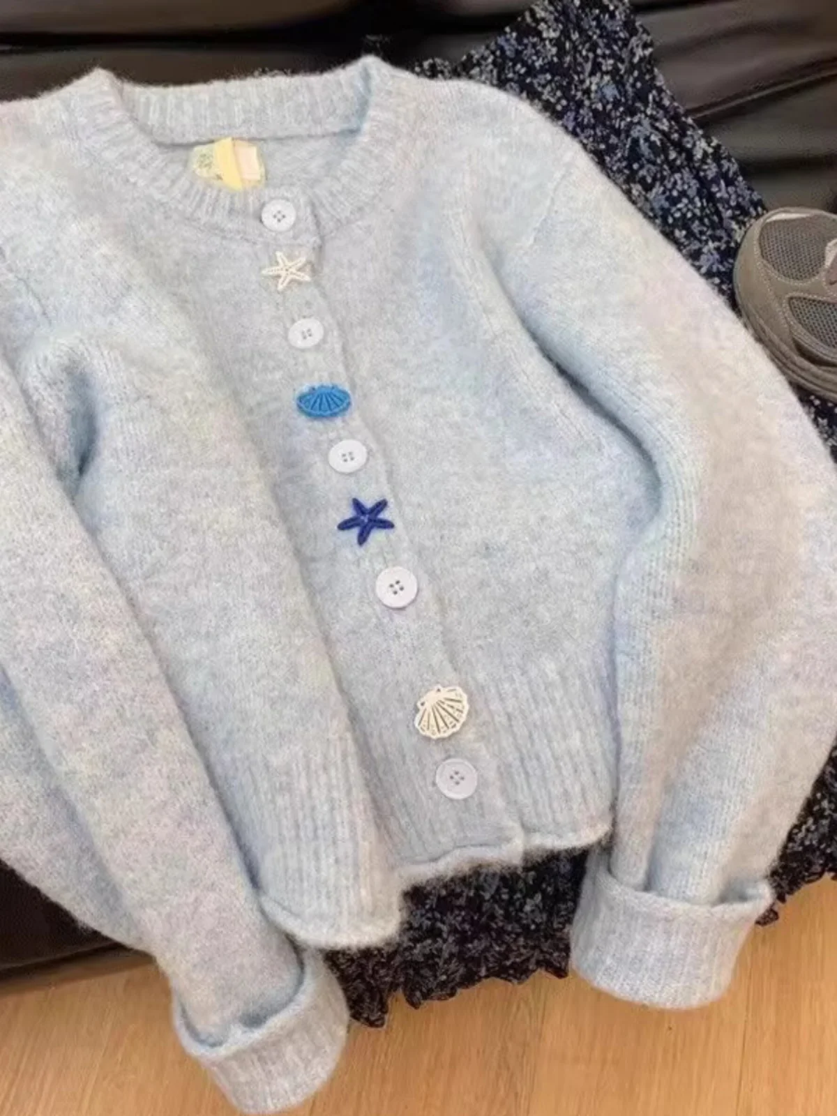 

Soft Pastel Blue Women's Knitted Open Cardigan Versatile Autumn Early Season Regular Fit Long Sve High Collar Polyester Fiber