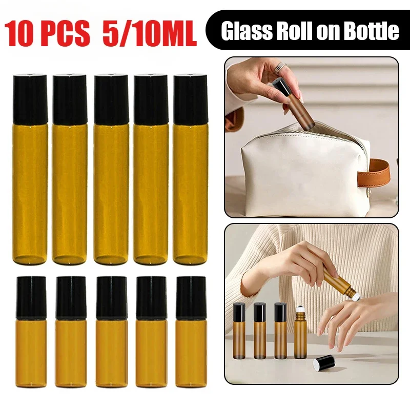 10PCS 5/10ML Glass Empty Roll on Bottles Brown Refillable Sample Essential Oil Vials With Roller Ball Perfume Liquid Container