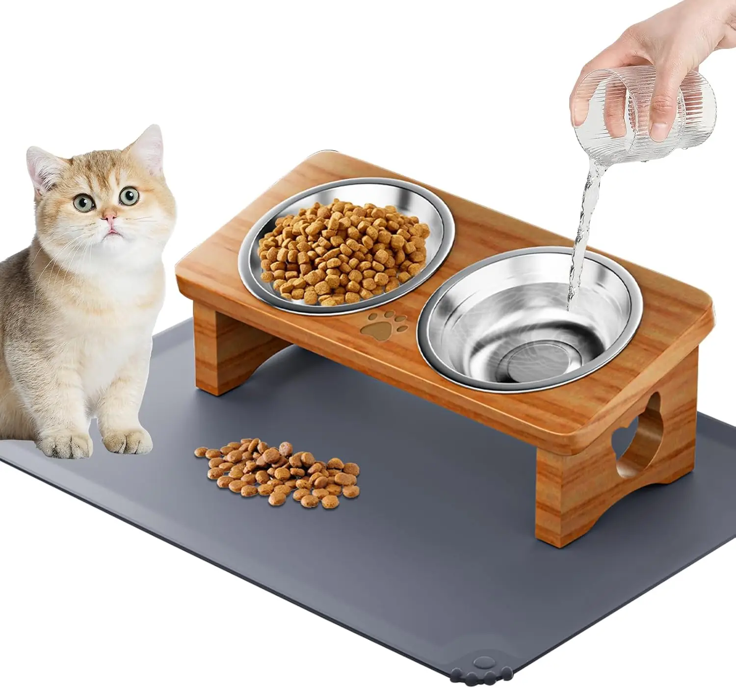 

15 ° Наклонные приподнятые миски для животных с силиконовым ковриком, подставка из массива дерева для кошек и маленьких собак, дизайн против рвоты