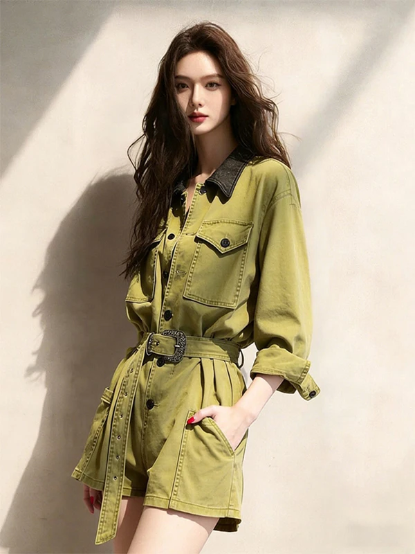 Spring 2026 High Waist Green Romper Women's Casual High Fashion Laid-back Style Elegant Goddess Look One-piece Suit