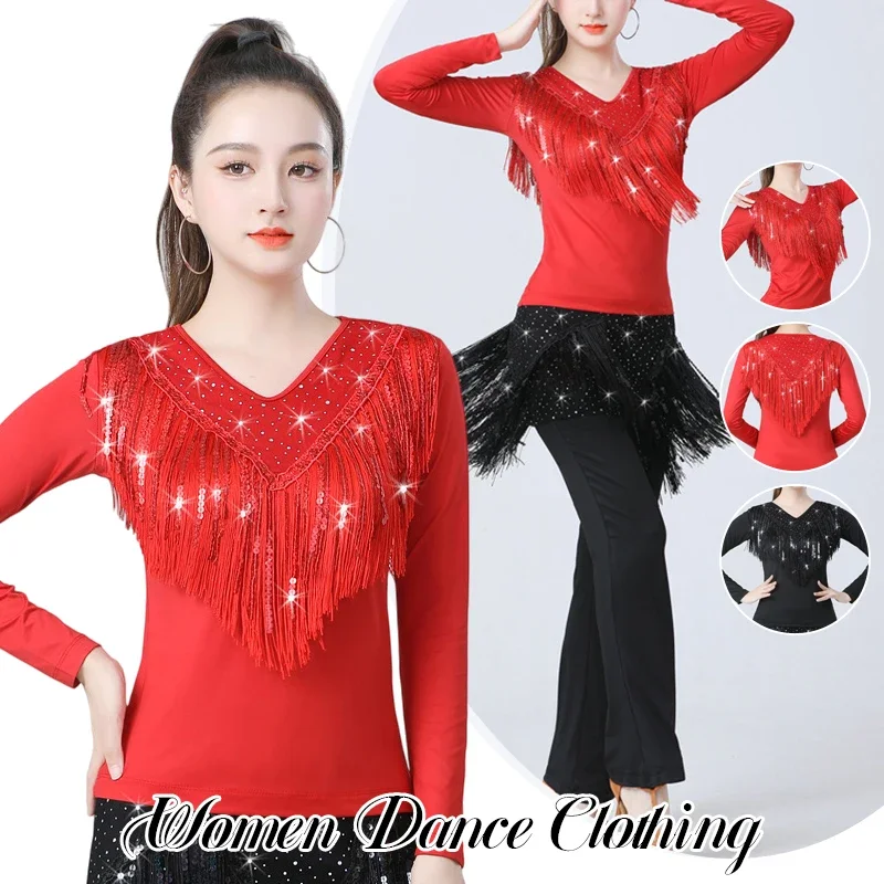 

Модный женский топ для линейных танцев, сексуальные брюки с бахромой для самбы и латины, женская одежда для сальсы и квадратных танцев с пайетками