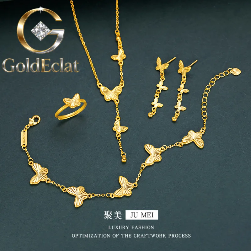 

GoldEclat Luxury 24K 9999 Pure Gold real gold Gold store three butterfly necklace bracelet ring suit for girlfriend birthday gi