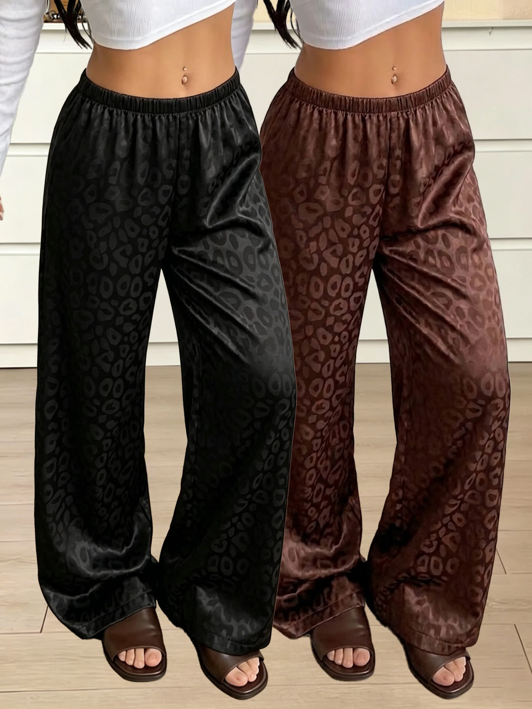 New Women Leopard Print Pajama Pants Set Elastic Waist Casual Loose 2 Pcs Pants Breathable Sleepwear Loungewear