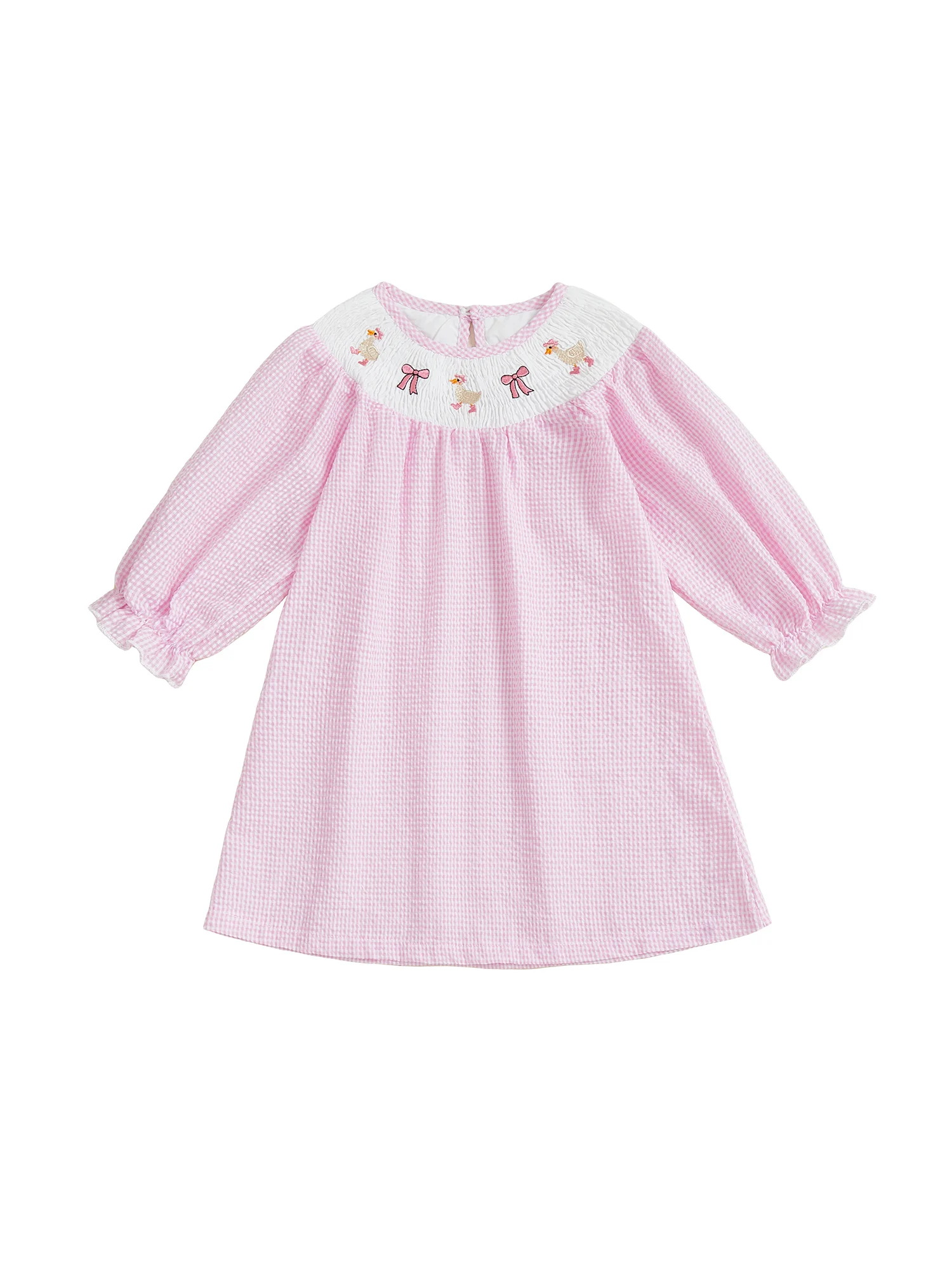 

Cute Baby Girl Floral Print Ruffle Sleeve Round Neck Dress with Bow Detail and Embroidered Animal Design