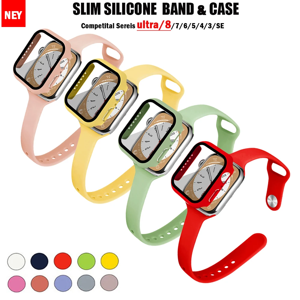 Case+Slim Strap For Apple Watch band 44mm 45mm 40mm 41mm 38-42mm Silicone watchband sport bracelet iWatch serie 9 8 7 4 5 6 3 se