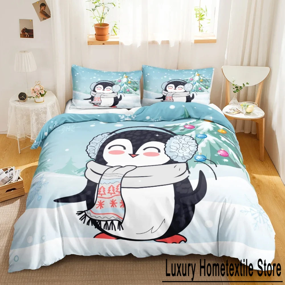 

Пододеяльник с изображением пингвина, пододеяльник с антарктическими животными для мальчиков и девочек, мультяшный стиль, двойной размер, зимний король, полиэстер, чехол Qulit