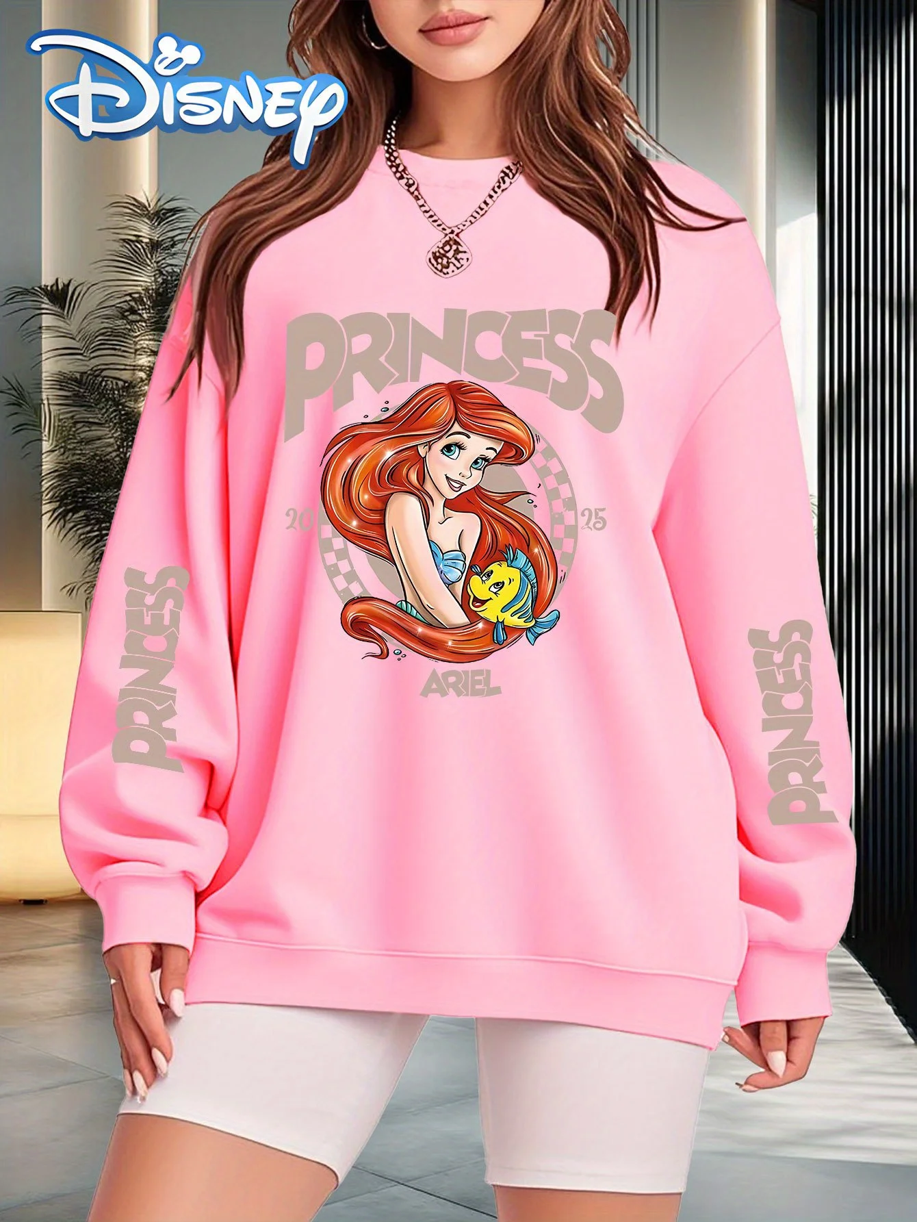 Disney Princess for Ariel Flounder Graphic Print Women's Oversized Sweatshirt Vibrant Pink Casual Round Neck Pullover
