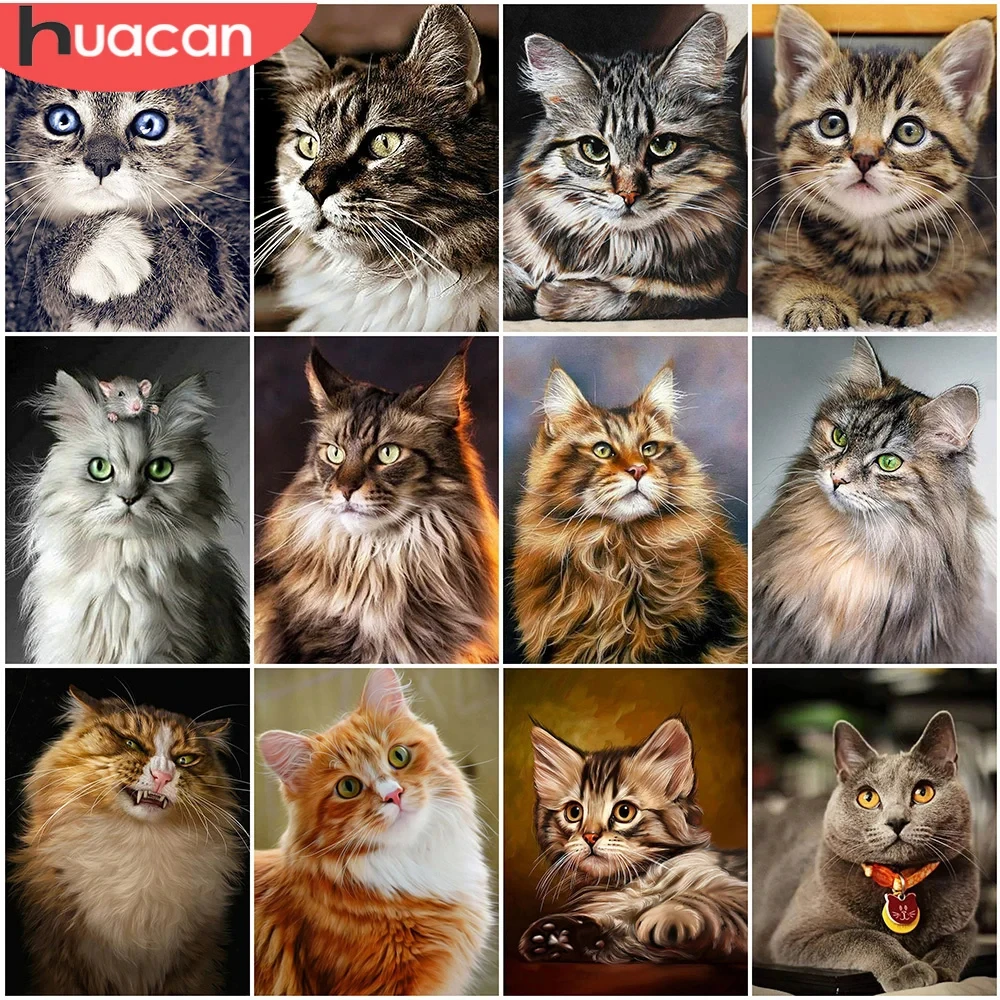 HUACAN 5D Diamond Painting Cat Animal Cross Stitch Kit Full Drill Embroidery Mosaic Art Picture Of Rhinestones Home Decor Gift