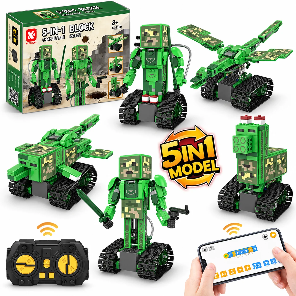 Stem Robot Building Kit Coding - RCロボット組み立てキット。アプリとRCロボット、サメ、空飛ぶドラゴンがセットになった、5in1のSTEMプログラミングロボットおもちゃ。8歳から14歳までの男の子と女の子へのプレゼントに最適。