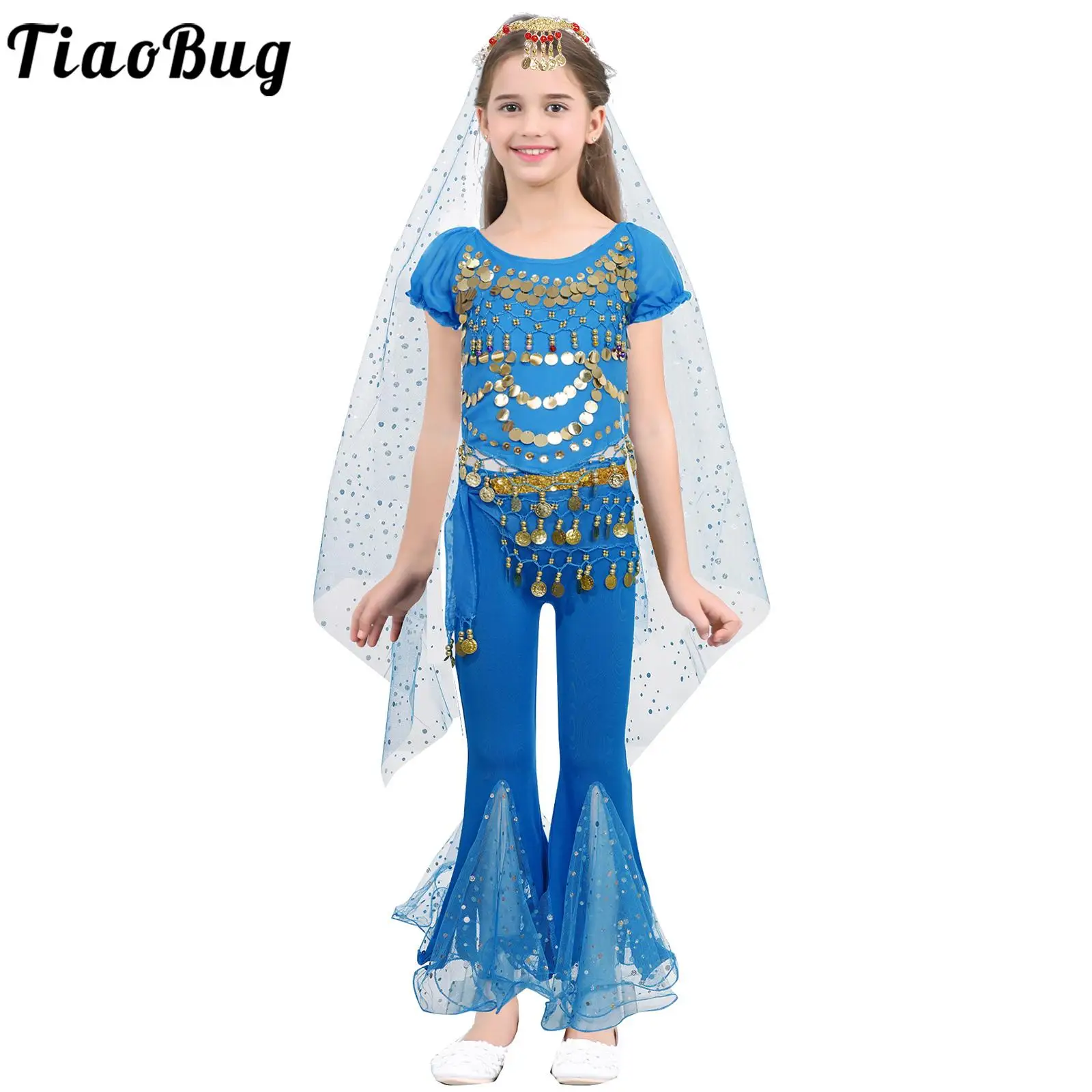 Kids Girls Belly Dance Costumes Oriental Dance India Bollywood Performance Bellydance Clothes Puff Sleeve Crop Top Flared Pants