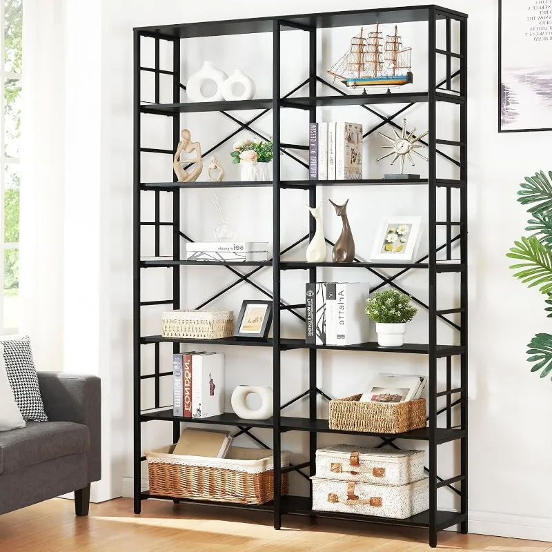 Double Wide 7-Tier Bookshelf,Industrial Bookcases with Metal Frame,Open Large Storage Bookshelves,Wood Style and Metal Tall