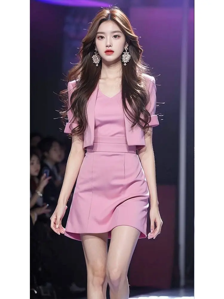 Korea Sexy Suit With Skirt And Womens Skirt 2 Sets Outfit Mini Summer Three Piece Set For Women Formal Event Pink