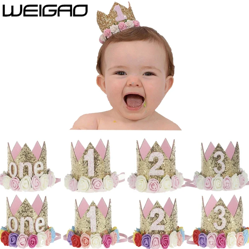 New WEIGAO 1pcs 1 2 3 Birthday Caps Flower Crown 1st Birthday Hat Newborn Baby Birthday Headband 1 Year Birthday Party Decoratio