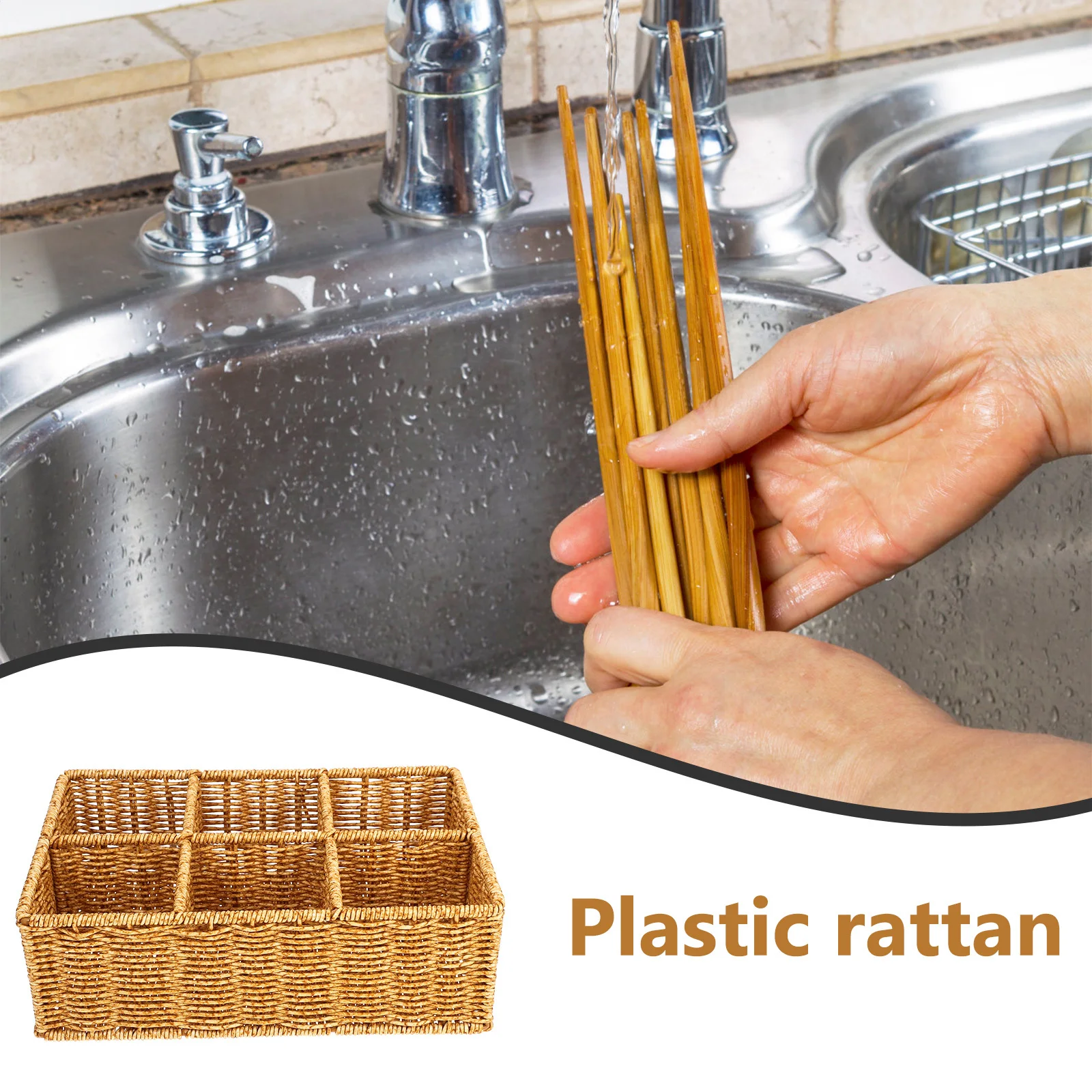 

Woven Storage Basket Rattan Style Divided Cutlery Organizer Spoon Fork Holder Compact Tabletop Storage Basket for Kitchen Drawer