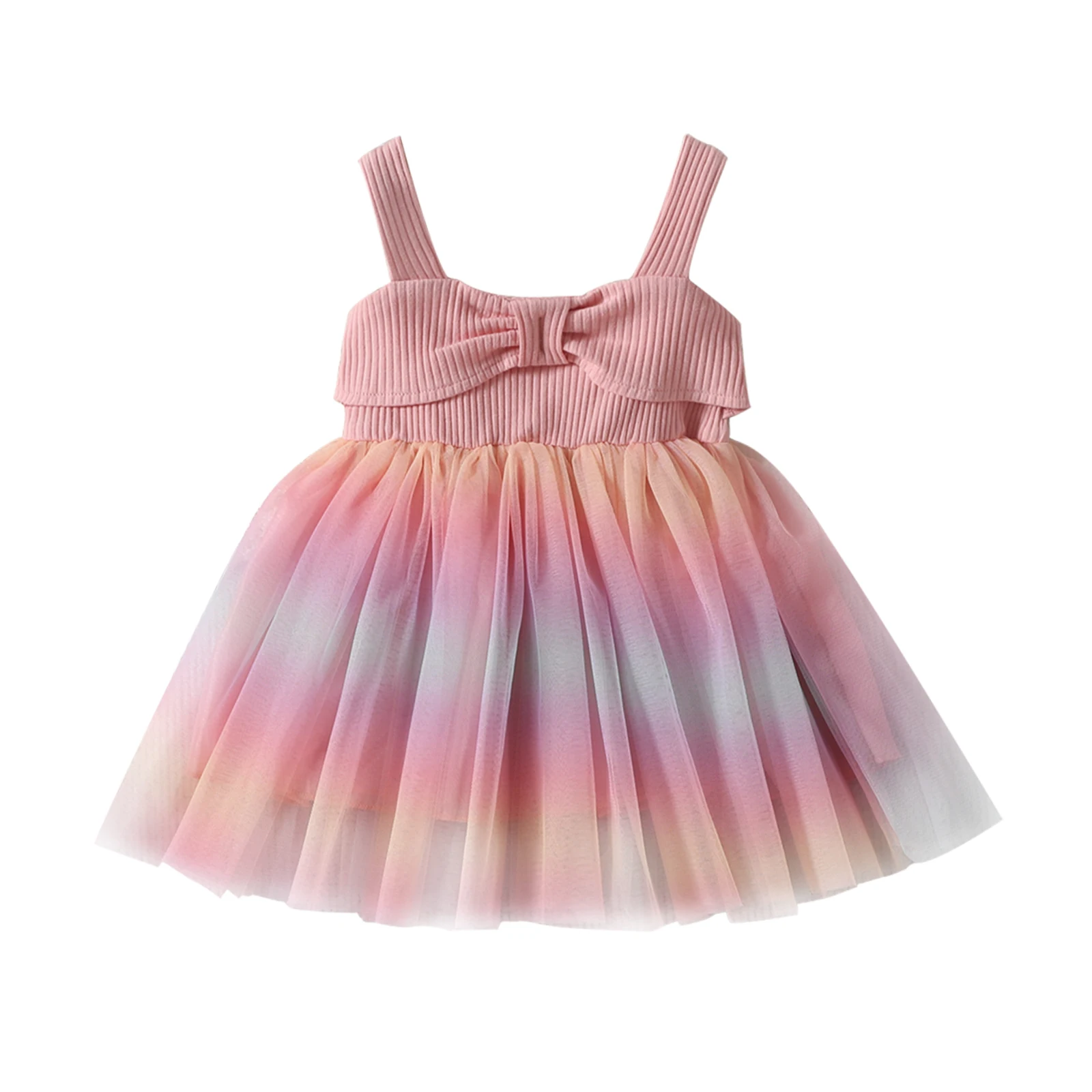 Summer Baby Girl Striped Non Sleeve Suspender with Bow Patchwork Mesh Dress Princess Formal Dresses For Children Kids Girl 3-24M