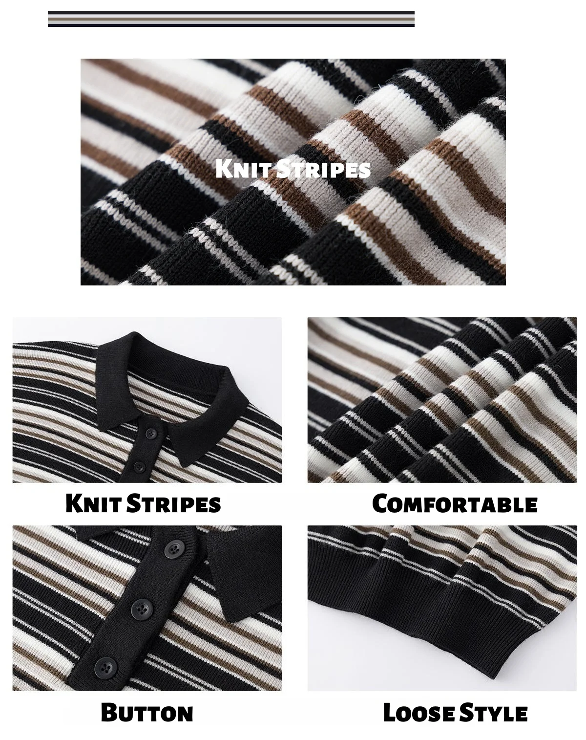 Retro Color-Block Striped Collar Sweater for Men Autumn Style Textured Warm Polo Knit Loose-Fit Casual Long-Sleeve T-Shirt