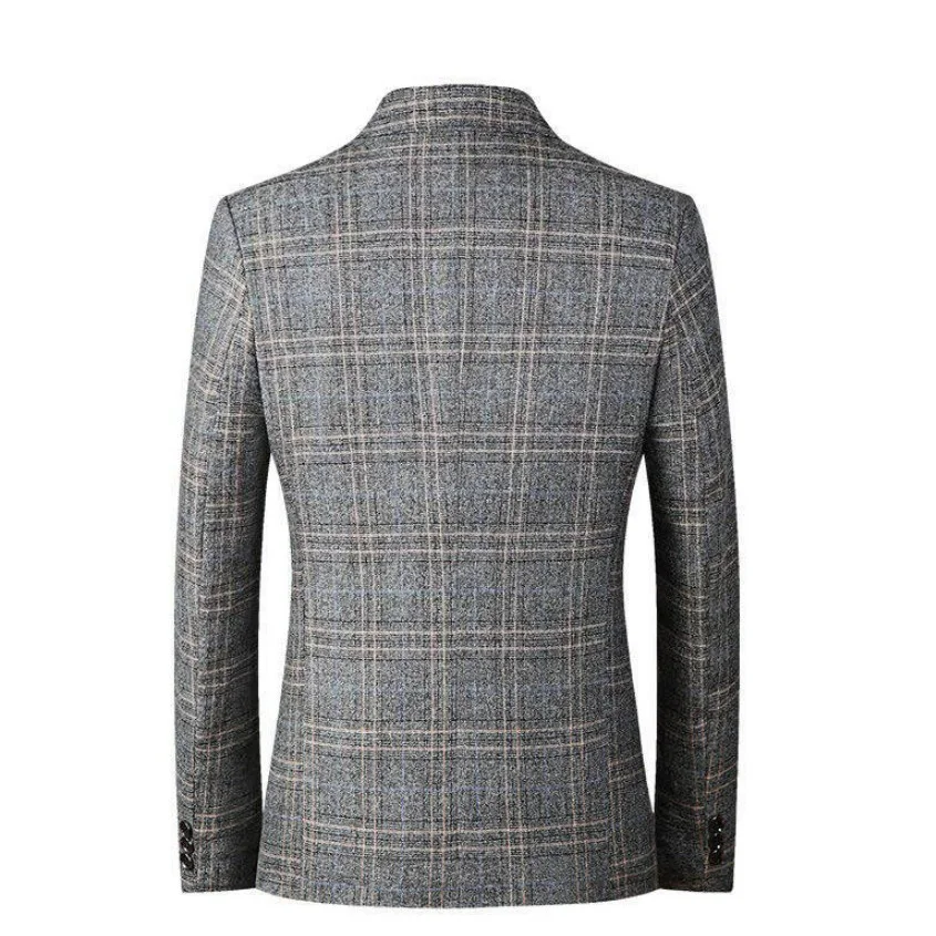 เสื้อเบลเซอร์ผู้ชายแฟชั่นฤดูใบไม้ร่วง ไม่ต้องรีด ลายสก็อต แขนยาว มีกระเป๋า เสื้อคลุมผู้ชาย กระดุมแถวเดียว สไตล์ลำลองสำหรับธุรกิจ เสื้อสูทผู้ชาย