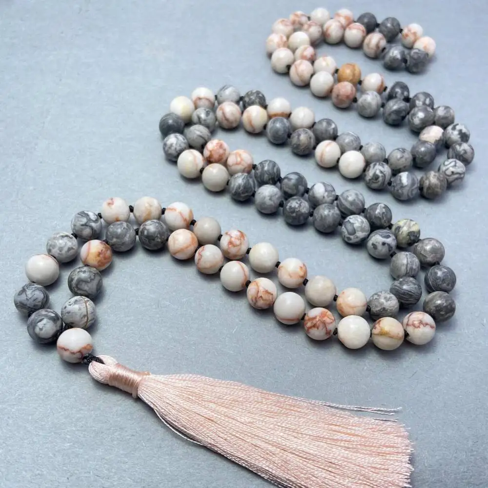 

Natural Mixed Jasper 108 Beads Mala Necklace with Blush Tassel Spiritual Meditation Jewelry