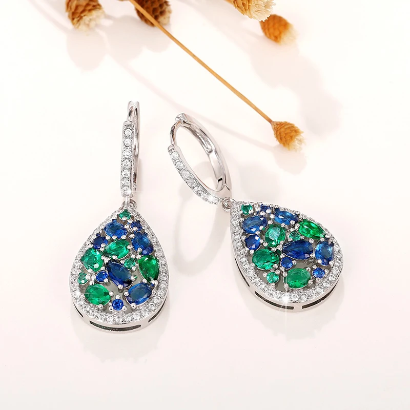 Huitan Vintage Women Drop Earrings with Blue/Green Cubic Zirconia Temperament Female Ear Accessory for Party Anniversary Jewelry