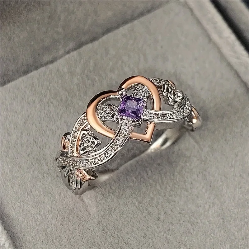 Handmade Rose Princess Diamond Ring with Simple Heart shaped Zircon Ring