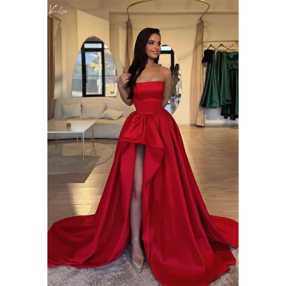 

Mila Red Strapless Ball Gown Party Dresses Side High Split Evening Dresses Chapel Train Satin Customized Prom Dresses 2025 ﻿