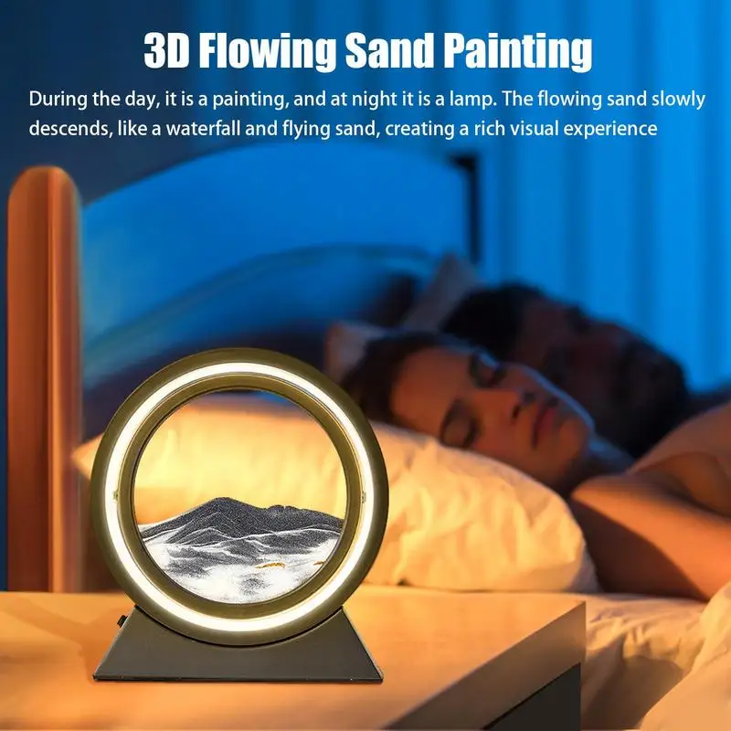 

3D Moving Sand Art Table Lamp Round 3D Flowing Sand Painting Table Lamp 180-Degree Rotatable 3 Color Changing Desktop Art Toy