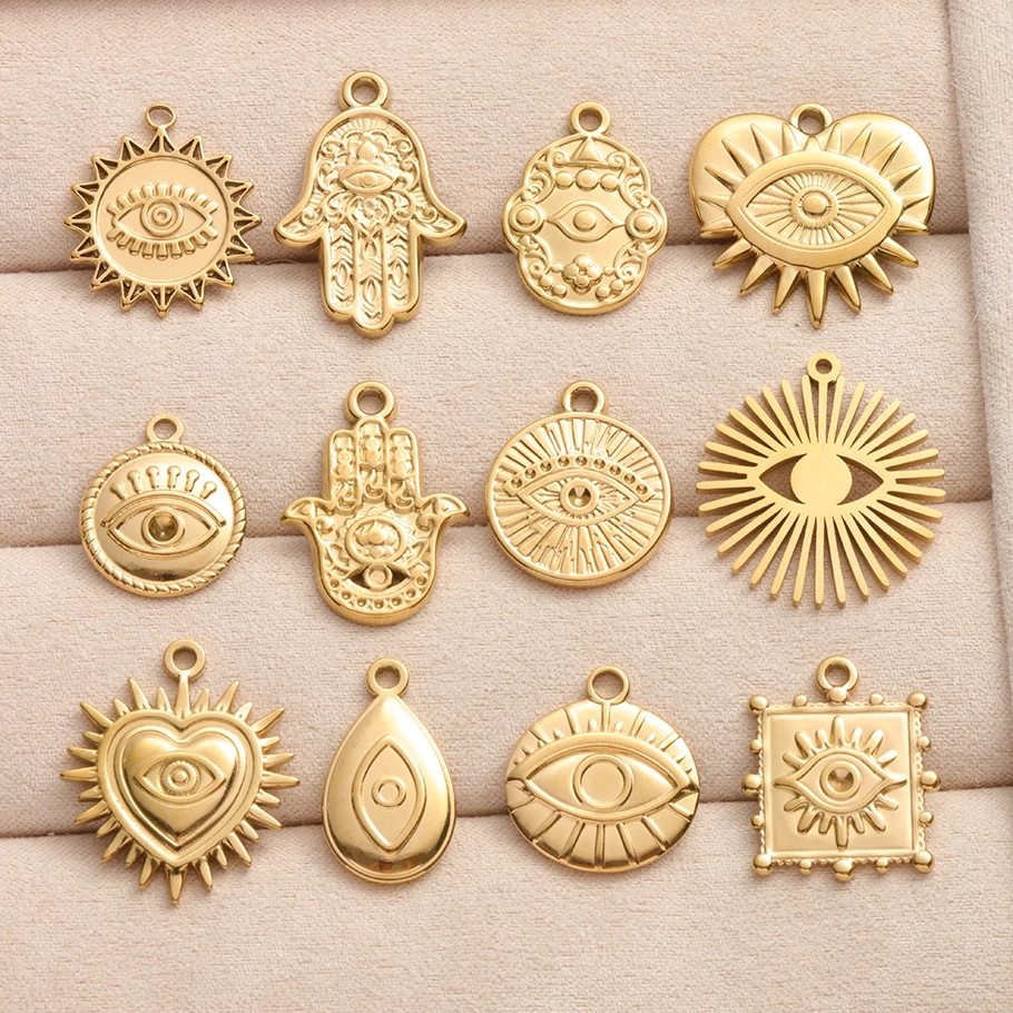 10pcs Gold Color Stainless Steel Turkish Evil Eye Punk Pendant Thorns Peach Heart Different Styles Pendants Fatima Belief Charms