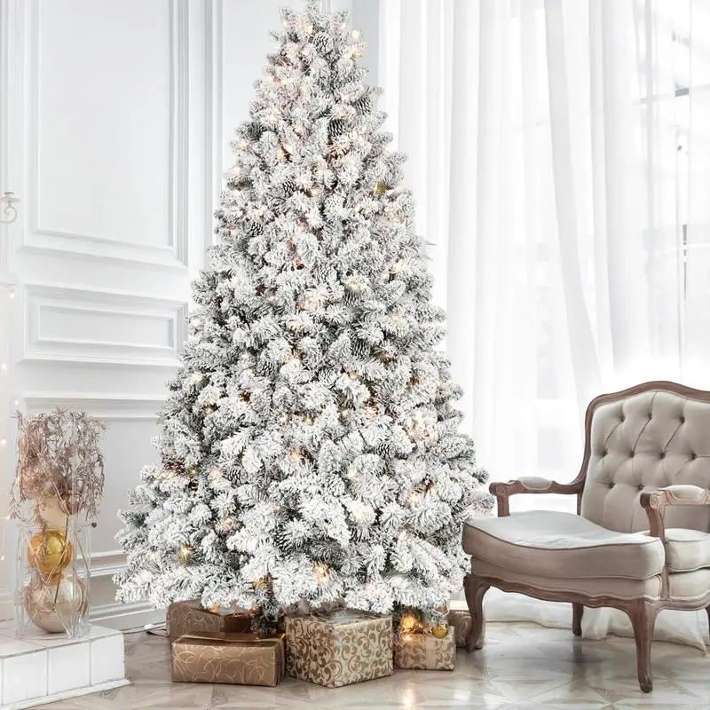 

7FT Flocked Christmas Tree with 500 UL Lights and 45 Pine Cones - Snowy PVC Tips, 1124 Tips, Hinged Structure, Metal Stand,