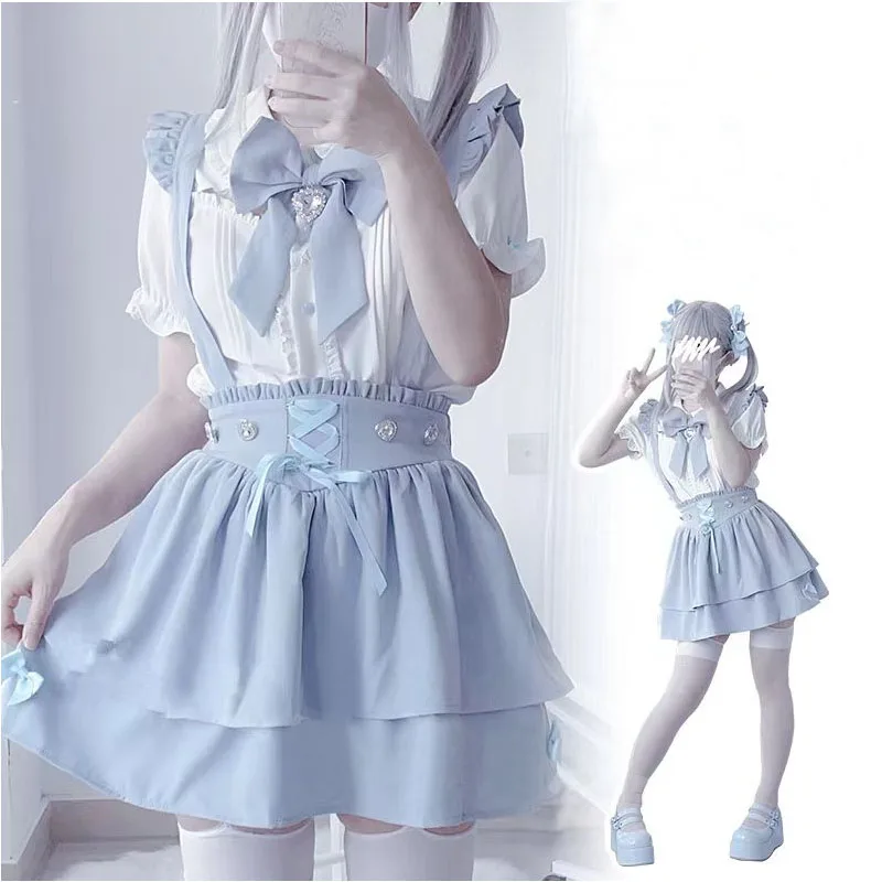 Japanese Sweet Lolita Ruffles Bow Short Suspender Skirt Girls Gothic Plaid Bandage Party Mini Skirts Y2k Casual A-Line Skirts