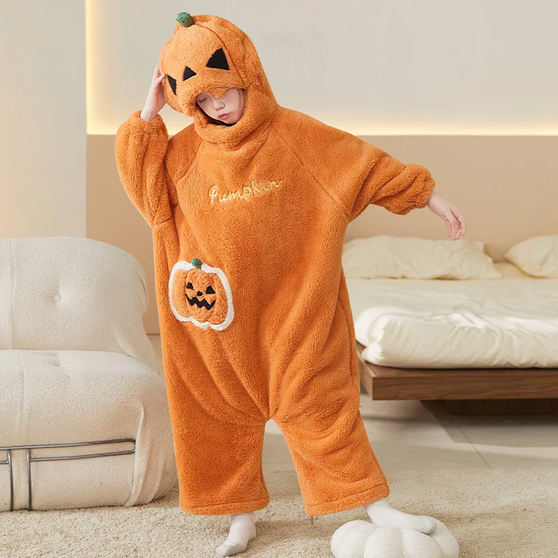 Halloween Funny Pumpkin Pajamas One-piece Cral Fleece Thick and Warm Home Wear Autumn Winter for Women