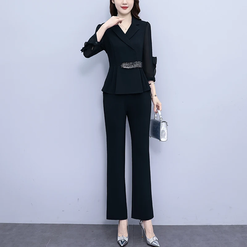 Fashion Oversize Women Pants Set For Spring Autumn 2024 New Elegant Slim Solid Turn Collar Office Lady 2 Pieces Outfits Pantsuit