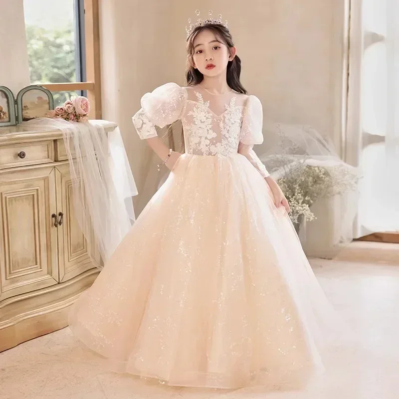 Flower Boy Wedding Little Girl Dress 2024 Nuovo compleanno per ragazza a maniche lunghe Abito da principessa Performance per bambini piccoli e