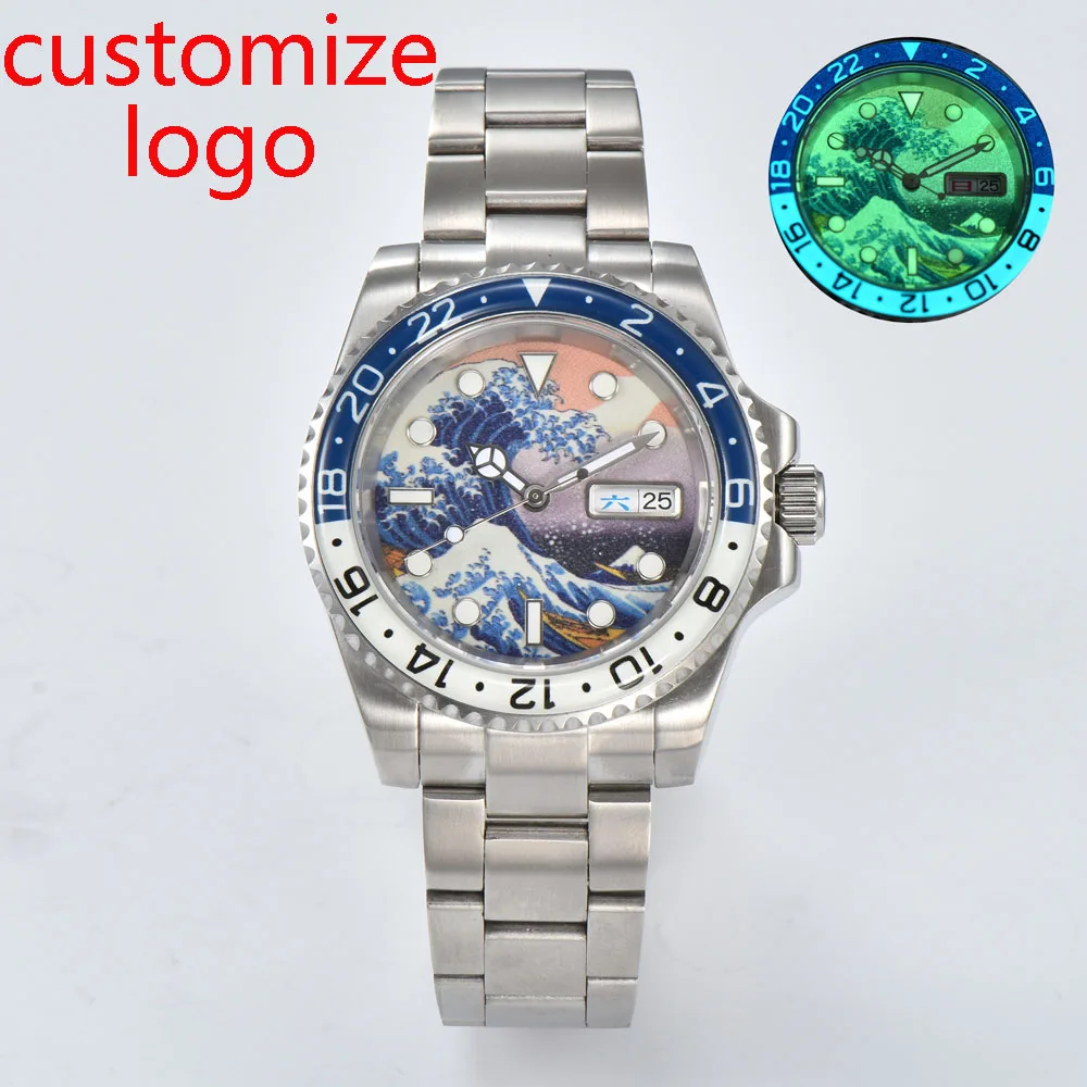 Montres automatiques NH35 pour hommes 40mm, avec mouvement automatique japonais NH35, cadran tortue de mer bleue, lunette entièrement lumineuse, logo personnalisé