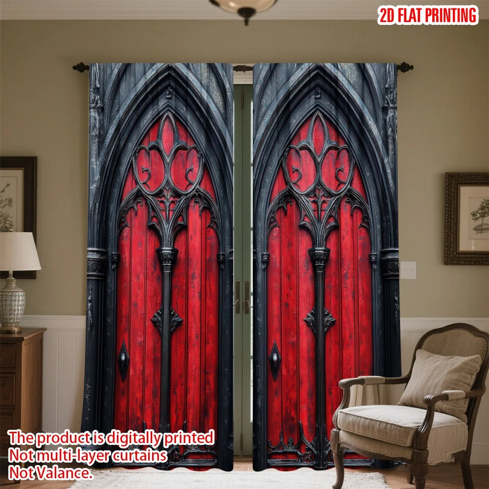 2pcs 2D flat printing Window Curtains Gothic Door Red Wood Artwork Fabric Without Electricity Festive Curtains Perfect for