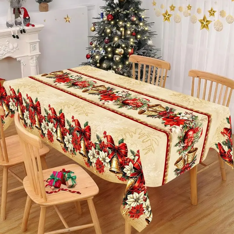 VIKAMA Xmas Holiday Tablecloth Golden Bell Bow Poinsettia Holly Berry Border Print Table Cover For Family Dinner Decor